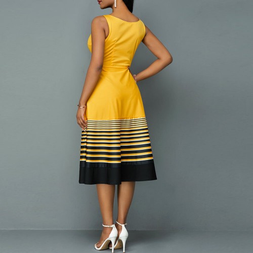 Ruffle Overlay Stripped Borders Printed Sleeveless Midi Dress - Yellow image