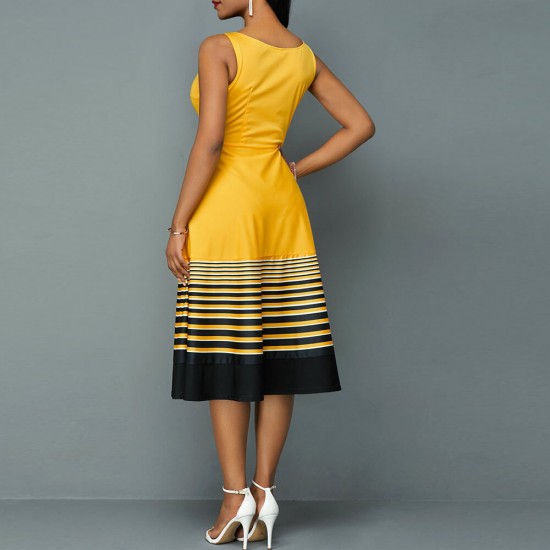 Ruffle Overlay Stripped Borders Printed Sleeveless Midi Dress - Yellow image