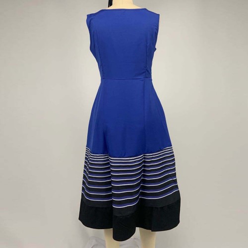 Ruffle Overlay Stripped Borders Printed Sleeveless Midi Dress - Blue image