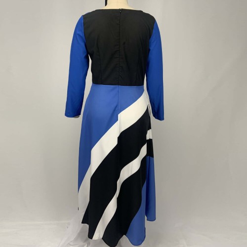 V-neck Geometric Stripe Print Stitching Maxi Dress - Blue image
