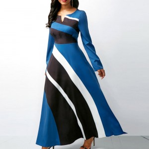 V-neck Geometric Stripe Print Stitching Maxi Dress - Blue