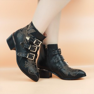 Rivets Decorated Thick Heel Pointed Boots Shoes - Black
