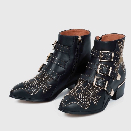 Rivets Decorated Thick Heel Pointed Boots Shoes - Black | image