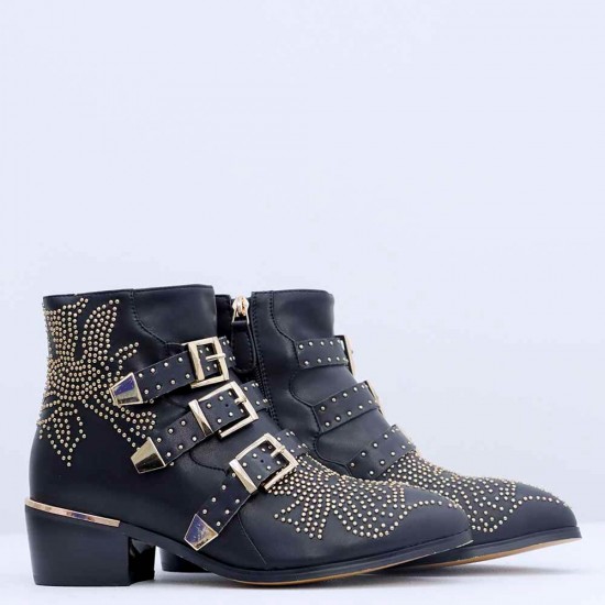 Rivets Decorated Thick Heel Pointed Boots Shoes - Black | image