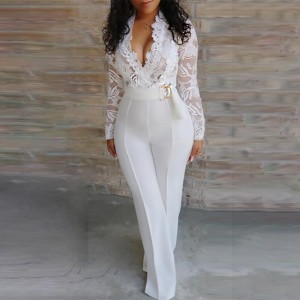 Latest Hollow Lace Stitched V-neck Jumpsuit Party Dress - White