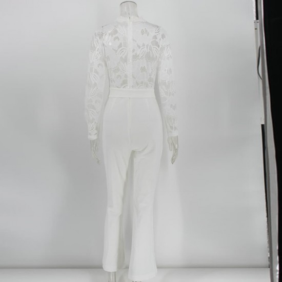 Latest Hollow Lace Stitched V-neck Jumpsuit Party Dress - White image