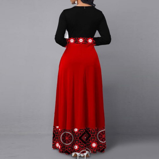 Stylish Ankara Print Round Neck Maxi Party Dress - Red image