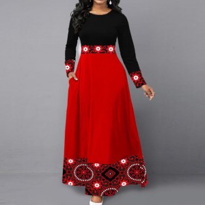Stylish Ankara Print Round Neck Maxi Party Dress - Red