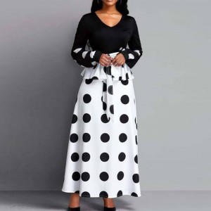 Stylish Polka Dot V-neck Full-sleeve Maxi Casual Dress - Black