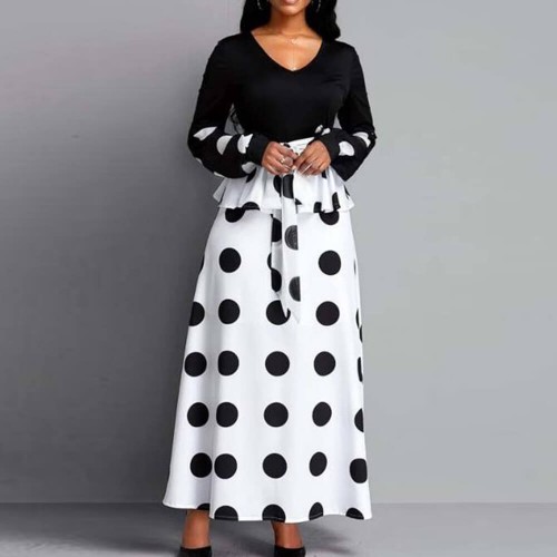 Stylish Polka Dot V-neck Full-sleeve Maxi Casual Dress - Black image