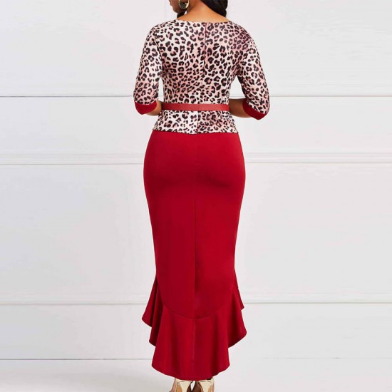 Leopard Print Round Neck Ruffled Body-con Dress - Red image