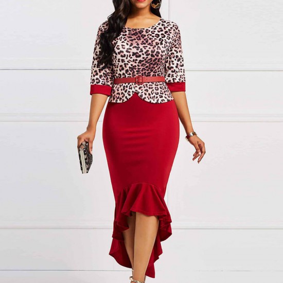 Leopard Print Round Neck Ruffled Body-con Dress - Red image