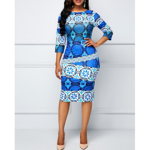 Stylish Vintage Print Round-neck Midi-skirt Casual Dress - Blue image