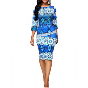 Stylish Vintage Print Round-neck Midi-skirt Casual Dress - Blue