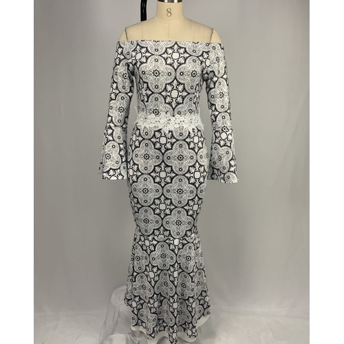 Stylish Printed Lace Robe Mermaid Ruffle Dress - White image