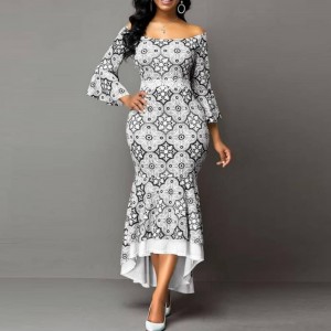 Stylish Printed Lace Robe Mermaid Ruffle Dress - White