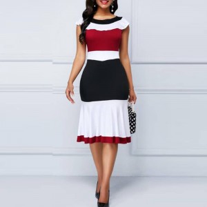 Modish Sleeveless Vintage Contrast Midi Skirt Casual Dress - Red
