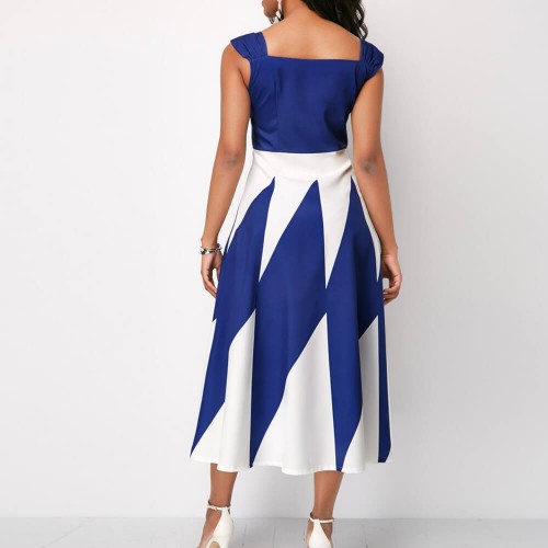 Trending Contrast Geometric Sleeveless Long Dress - Blue|image