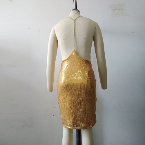 Trending Hot V Neck Slim Fitted Sequined Party Dress - Gold image