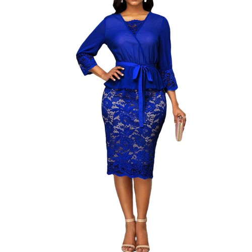 Hollow Lace Stitched Pencil Skirt V-Neck Party Dress - Blue image