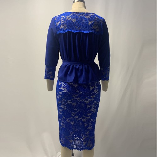 Hollow Lace Stitched Pencil Skirt V-Neck Party Dress - Blue image