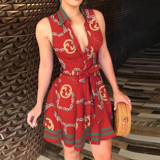 Stylish Hot V-neck Sleeveless Printed Mini Skirt Dress - Red image