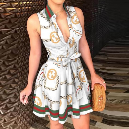 Stylish Hot V-neck Sleeveless Printed Mini Skirt Dress - White image