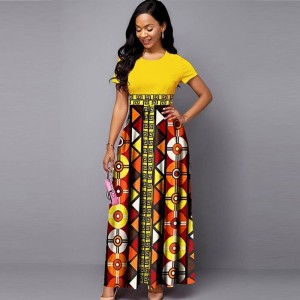 Multicolor Print Short-sleeve Maxi Casual Dress - Yellow