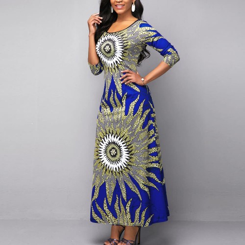 Stylish Floral Print Full-sleeve Maxi Casual Dress - Blue image