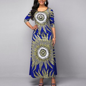 Stylish Floral Print Full-sleeve Maxi Casual Dress - Blue