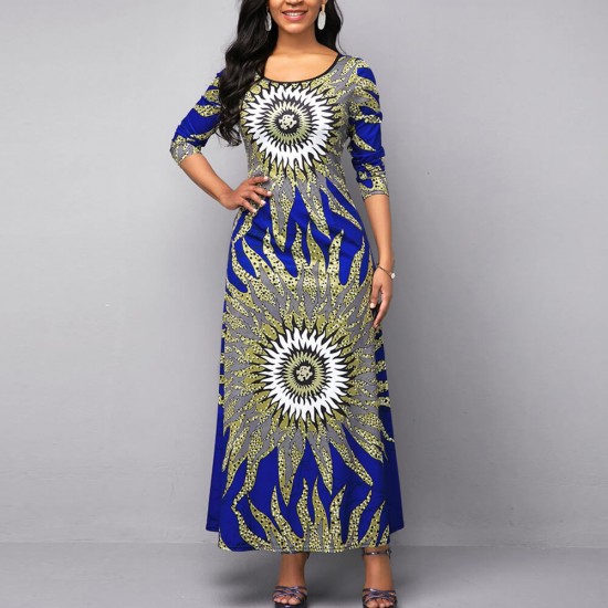 Stylish Floral Print Full-sleeve Maxi Casual Dress - Blue image