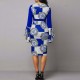 Round Neck Bell Sleeves Midi Skirt Casual Dress - Blue image