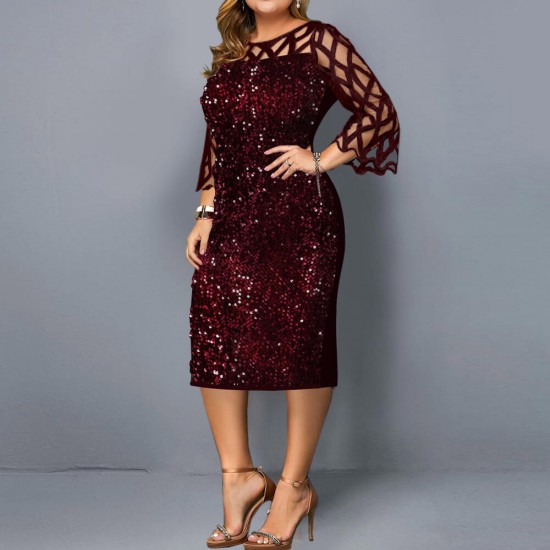 Trendy Glittering Lace Stitched Midi-skirt Party Dress - Red |image