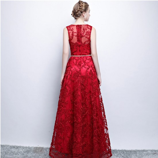 Latest Banquet Sleeveless Mesh Embroidery Evening Party Dress - Red| image