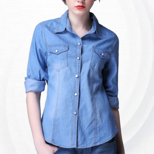 New Trending Fashion Denim Dual Pocket Full Sleeve Shirt -Light Blue image