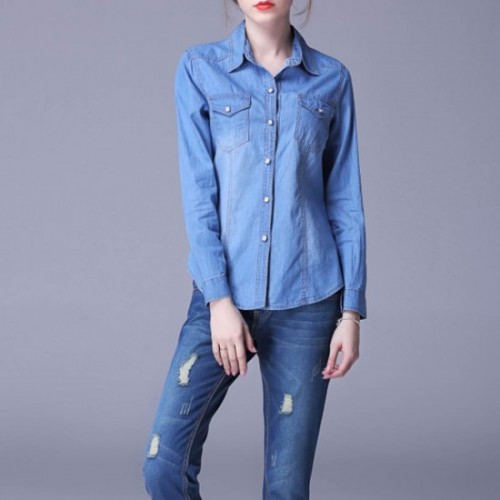 New Trending Fashion Denim Dual Pocket Full Sleeve Shirt -Light Blue image