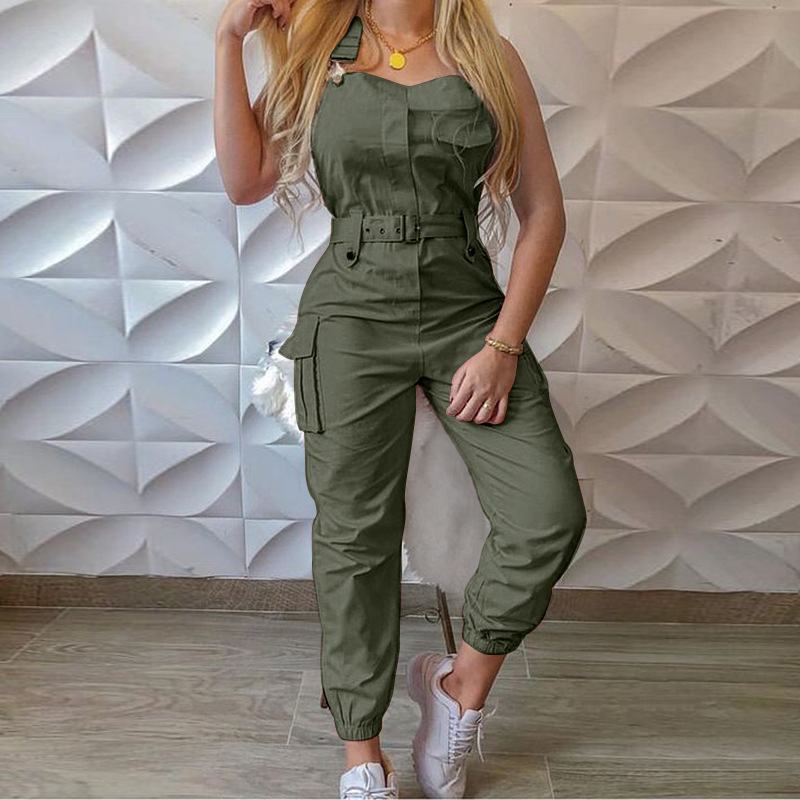Sleeveless One-shoulder Strap Rompers Casual Dress - Green image