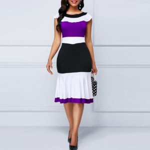 Modish Sleeveless Vintage Contrast Midi Skirt Casual Dress - Purple