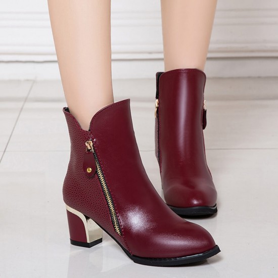 Latest Thick Heel Pointed Short Boots Women Shoes - Red image
