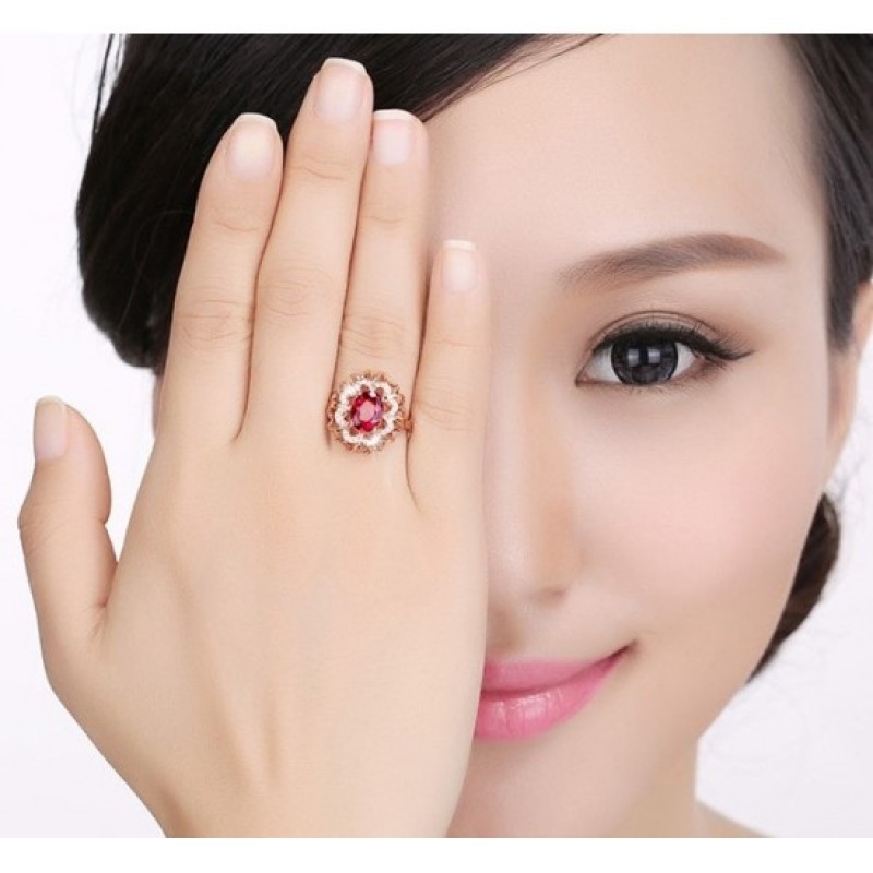 Red Stone Flower Design Ring For Women-Rose Gold image