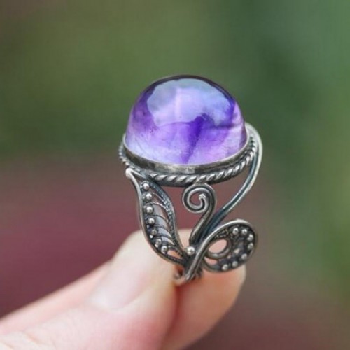 Vintage Flower Style with Purple Amethyst Stone Ring-Purple image