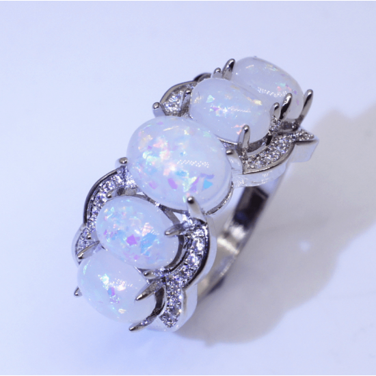 White Color Fire Opal Ring Simple Engagement-Silver image
