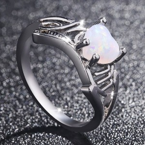 Rainbow Color Heart Style Fire Opal Womens Ring-Silver
