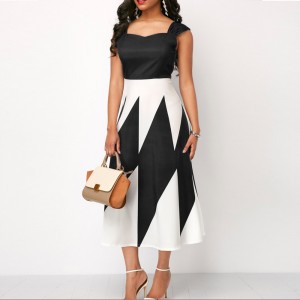 Trending Contrast Geometric Sleeveless Long Dress - Black