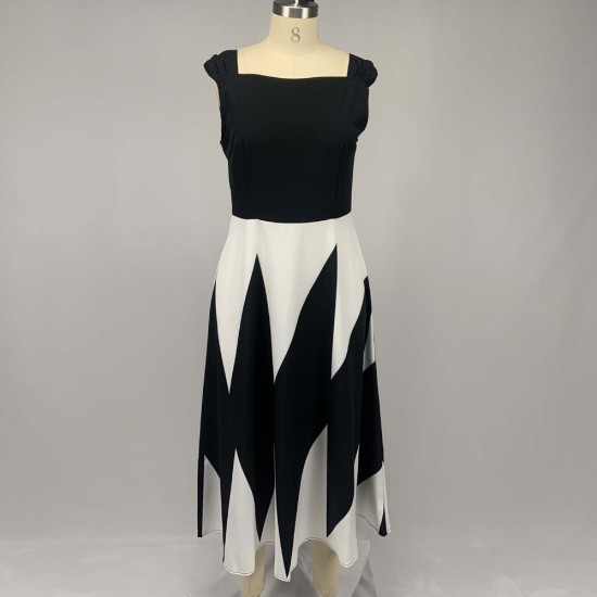 Trending Contrast Geometric Sleeveless Long Dress - Black image