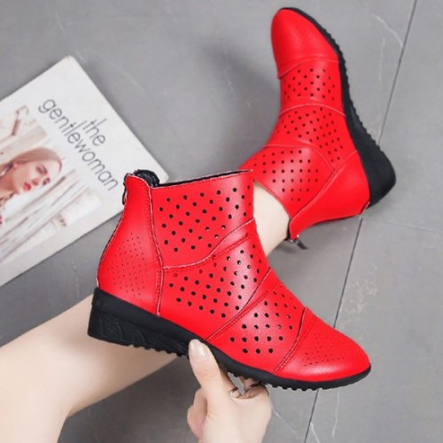 New Style Breathable Hollow Zipper Slope High Heel Shoes - Red image