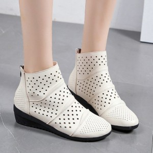 New Style Breathable Hollow Zipper Slope High Heel Shoes - Cream