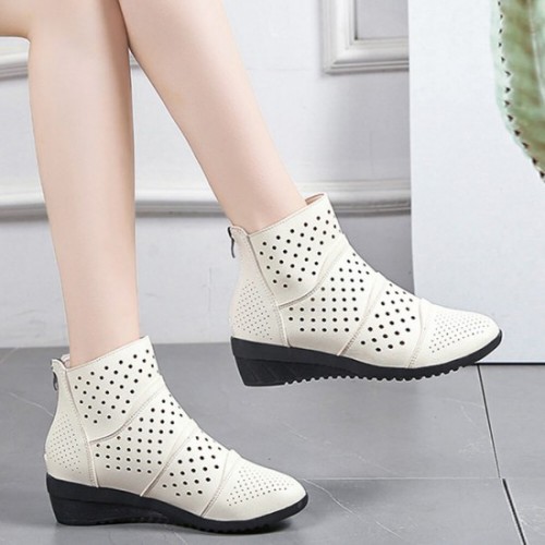 New Style Breathable Hollow Zipper Slope High Heel Shoes - Cream image