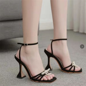 New Fashion Rhinestone Bow Ankle Strap High Heels Sandals-Black