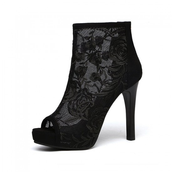 Women's Hollow out Embroidery Thin Heeled Sandals-Black image